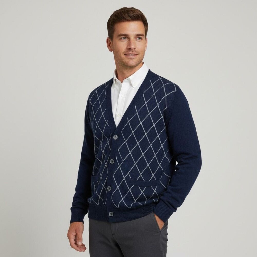 Lands’ End Men’s Cardigan Sweater Large‎ Navy Tan Diamond Knit Supima Cotton